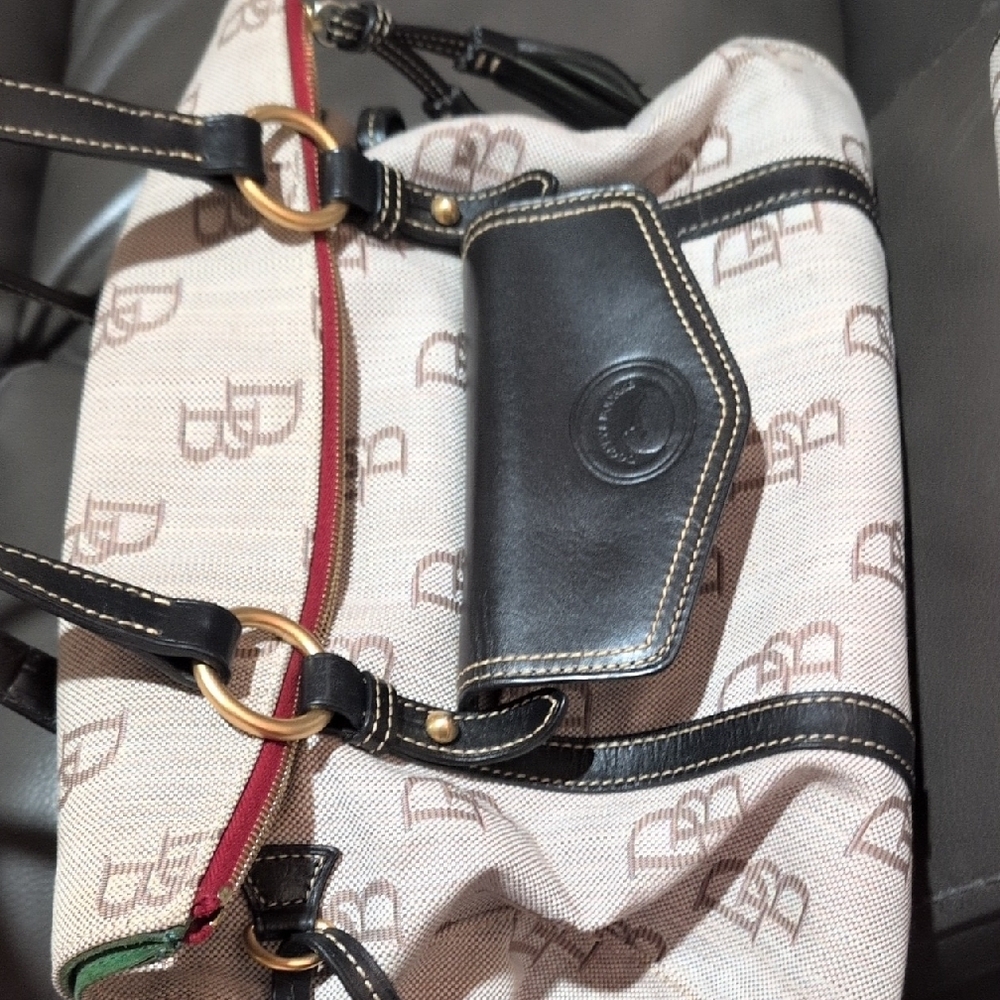 Dooney & Bourke Beige Logo Canvas Tote with Black Leather Trim - Picture 3 of 9